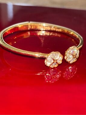 Gold Crystal Flower Open Bangle Bracelet - Women Jewelry
